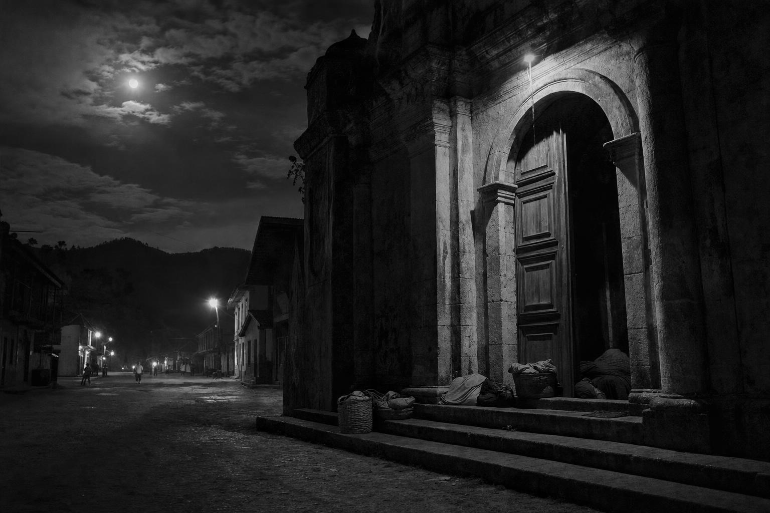 Night arrival at the old Spanish church